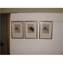 SET 3 WOODEN FRAMED CHALK PICTURES THE GUN DOGS BY FRASER Estimate: £30-60...