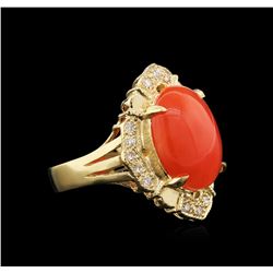4.97ct Coral and Diamond Ring - 14KT Yellow Gold
