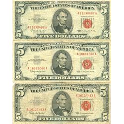 1963 $5 Red Seal Bill Lot of 3