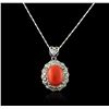Image 1 : 14KT White Gold 4.90ct Coral and Diamond Pendant With Chain