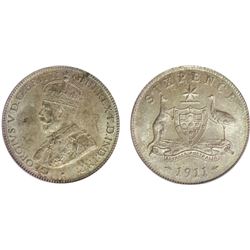 1911 Australian KGV Sixpence - PCGS MS 64