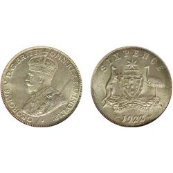 1922 Australian KGV Sixpence - PCGS MS 64