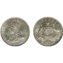 1924 Australian KGV Sixpence - PCGS MS 64
