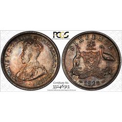 1928 Australian KGV Sixpence - PCGS MS 64