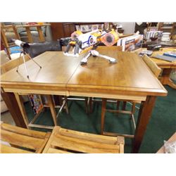 CUSTOM BUILT WOOD PUB HEIGHT TABLE MADE FROM RECYCLED PARTS - 3 TONE - WITH BUTTERFLY LEAF