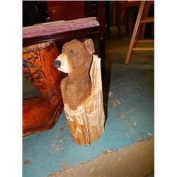 HAND CRAFTED CARVED BEAR IN STUMP