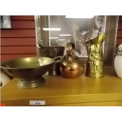 COPPER KETTLE WITH LID, COPPER BUCKET & BRASS JUG