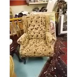 WING BACK CHAIR WITH BRASS BUTTONS & QUEEN ANN LEGS