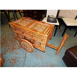 HAND CRAFTED AND PAINT BAR SERVING CART - FOLK ART DESIGN - INCLUDED TWO TRAYS AND STORAGE FOR 9 BOT