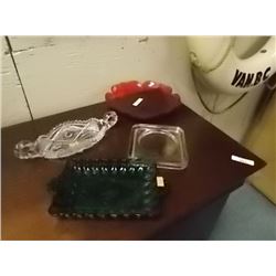 RUBY GLASS, EMERALD GLASS & CUT GLASS DISHES - 3 TTL