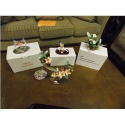 PORCELEIN SONGBIRD ON WOOD BASE - GLASS HUMMING BIRD - 3PC TTL