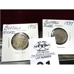 2 - 1935 - 1937 Buffalo Nickels - 2 Times the Money