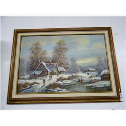 Framed Artist Signed Oil on Canvas Snow Village