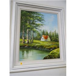 Framed Artist Signed Oil on Canvas Pond