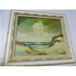 Framed Artist Signed Oil on Canvas Beach Scene