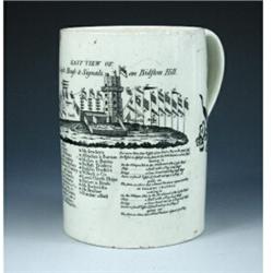 A late 18th century Liverpool creamware mug printed in black with the 'East View of Liverpool Light.
