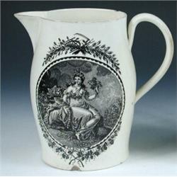 A late 18th century creamware jug, possibly Liverpool, printed in black with an oval stipple engrav.