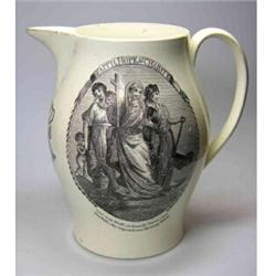 An 18th century creamware jug, possibly Liverpool, the bellied shape printed with an oval scene of..