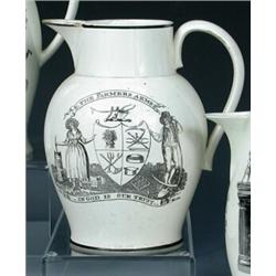 An 18th century Liverpool creamware jug printed in black by Joseph Johnson with the Farmer's arms o.