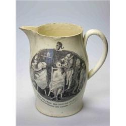 A late 18th century creamware jug printed in black on the bellied sides with an oval scene on one s.