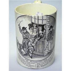 An early 19th century creamware mug printed in black with an oval scene of the wealthy passing mone.