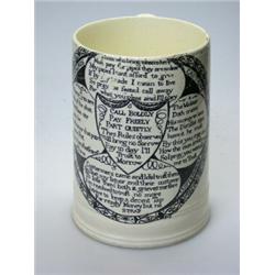 An early 19th century creamware mug, the cylindrical sides printed in black with four roundels and..
