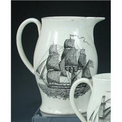 An early 19th century Liverpool creamware jug printed in black on one bellied side with an oval sce.