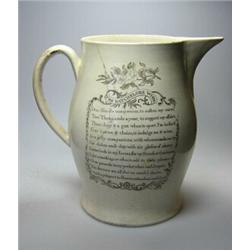 An early 19th century creamware jug printed in black with a verse headed 'The Batchelor's Wish' on..