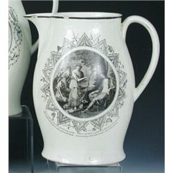 A late 18th century creamware jug printed in black on one bellied side with a classical lady and pu.