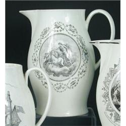 An early 19th century creamware jug printed in black on one side with Apollo riding his chariot of..