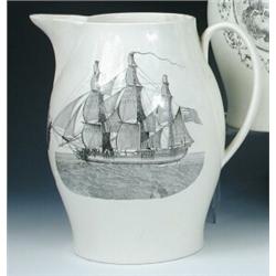 An early 19th century creamware jug printed in black with a three masted American vessel on one sid.