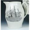 Image 1 : An early 19th century creamware jug printed in black with a three masted American vessel on one sid.