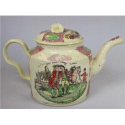 A late 18th century creamware teapot and cover, possibly Leeds, printed and painted by William Great