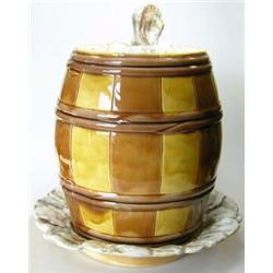 A Wedgwood majolica oyster barrel, cover and stand, date letter for 1861, the coopered barrel with..