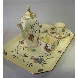 A mid Victorian Powell and Bishop solitaire set, each piece printed and overpainted with the aesthe.