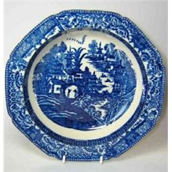 A late 18th century blue and white soup plate, the octagonal rim printed with butterflies and broca.