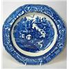 Image 1 : A late 18th century blue and white soup plate, the octagonal rim printed with butterflies and broca.