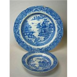 Two pairs of early 19th century blue and white soup plates, possibly Mason's, the butterfly and broc