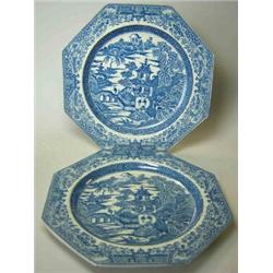 A pair of late 18th century Joshua Heath blue and white plates printed within the octagonal rims wi.