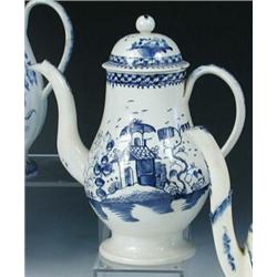 A late 18th century blue and white creamware coffee pot and cover, possibly Liverpool, the baluster.