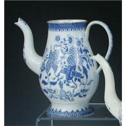 A late 18th century blue and white coffee pot, possibly by Joshua Heath, printed with Buddhist obje.