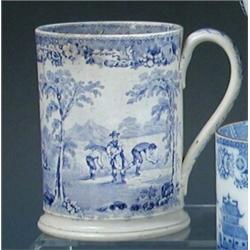 Two 19th century blue and white quart mugs, one printed in black 'C Curtis, Ibsley' above haymaking.