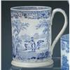 Image 1 : Two 19th century blue and white quart mugs, one printed in black 'C Curtis, Ibsley' above haymaking.