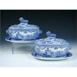 A pair of early 19th century Rogers blue and white sauce tureens, covers and stands printed with an.