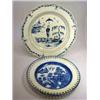 Image 1 : A Liverpool type creamware plate, the silver shape painted in blue with a lange liza standing with..