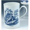 Image 1 : A first period Worcester mug printed in blue with a man by a gate watching a lady reclining on a ban