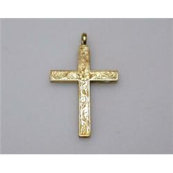 An 18ct gold cross pendant, with floral engraved decoration and a polished suspension loop, weighin.