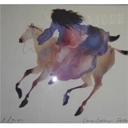 Carol Grigg (20th Century) Carol Grigg on her horse, Farboy, a print, 64 x 88cm £150-180...