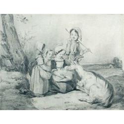 Joseph Beaume (1796-1885) Children feeding a Pet Goat in a Landscape, signed lower left "Beaume" Pen