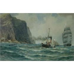 Joseph W Carey (exh.1915-1935) HMS Sampson, a Steamship in a Choppy Sea with Sailing Ships beyond,..